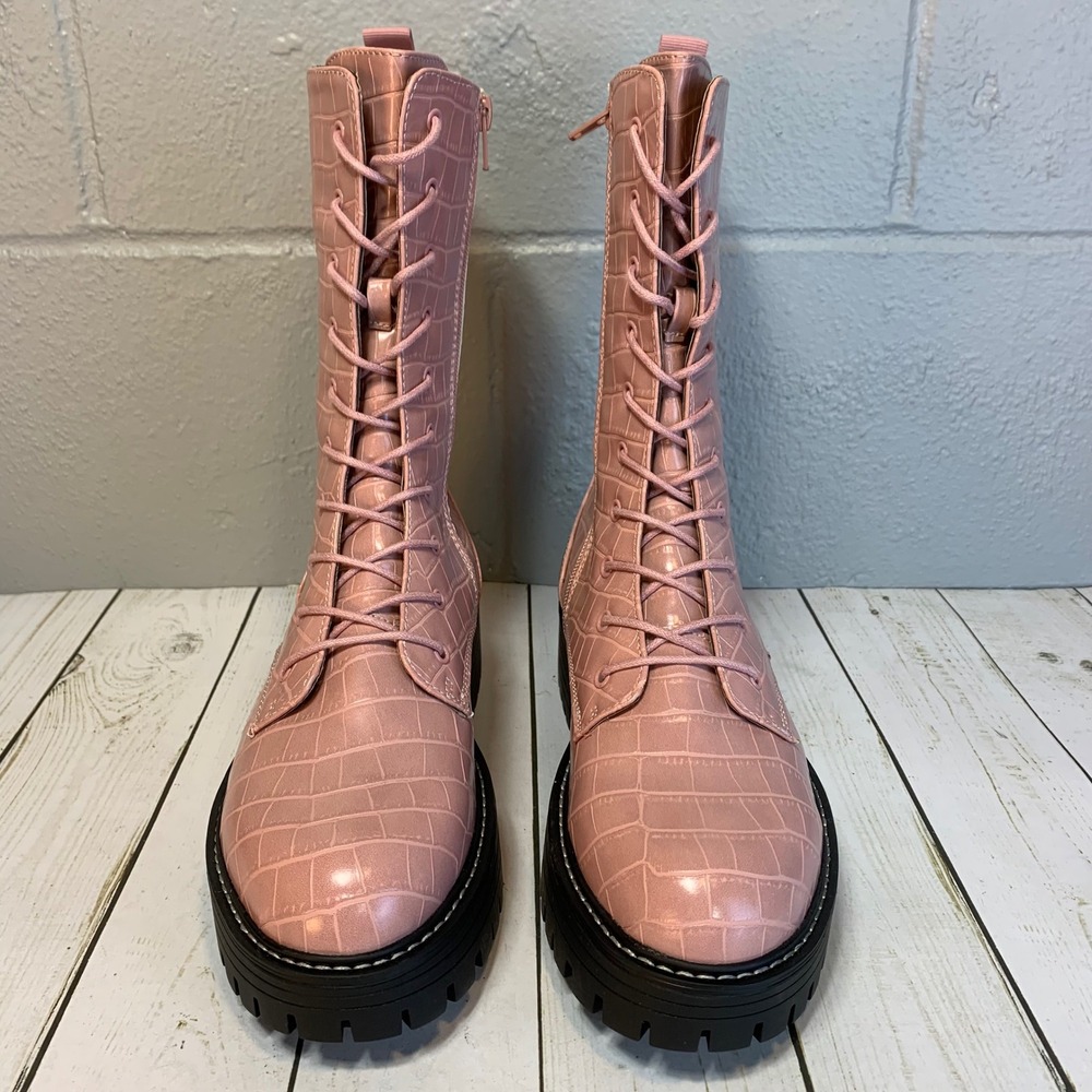 NEW Sugar By Belk Womens Pink Croc Emboss Combat Boots Size 10 M SGR Limelight - Picture 3 of 8